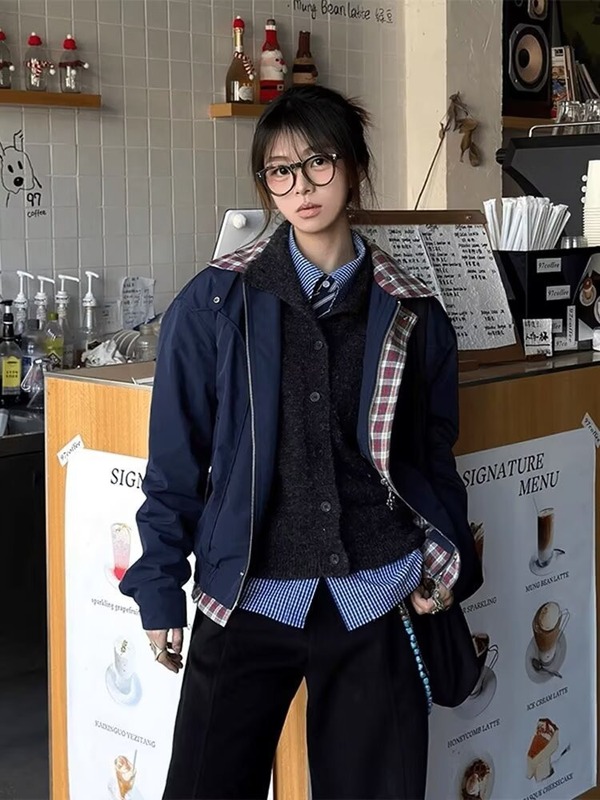 藏青色假两件短款外套女秋季格纹拼接哈林顿夹克美式复古工装上衣|undefined