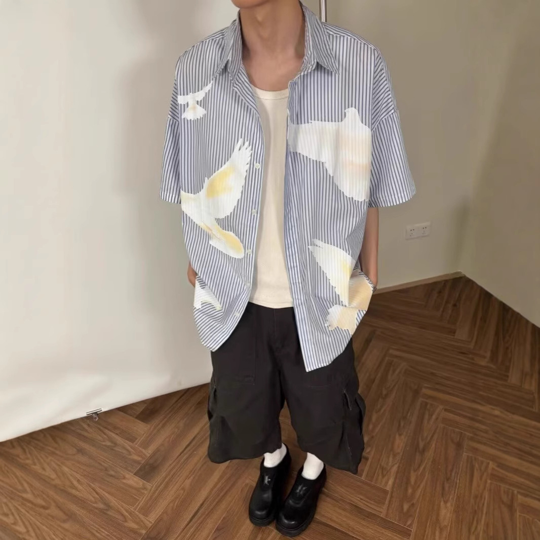 American Style High Street Artistic Peace Dove Men's Loose Striped Short-sleeved Shirt Summer Fashion Teenage All-match Trendy Shirt