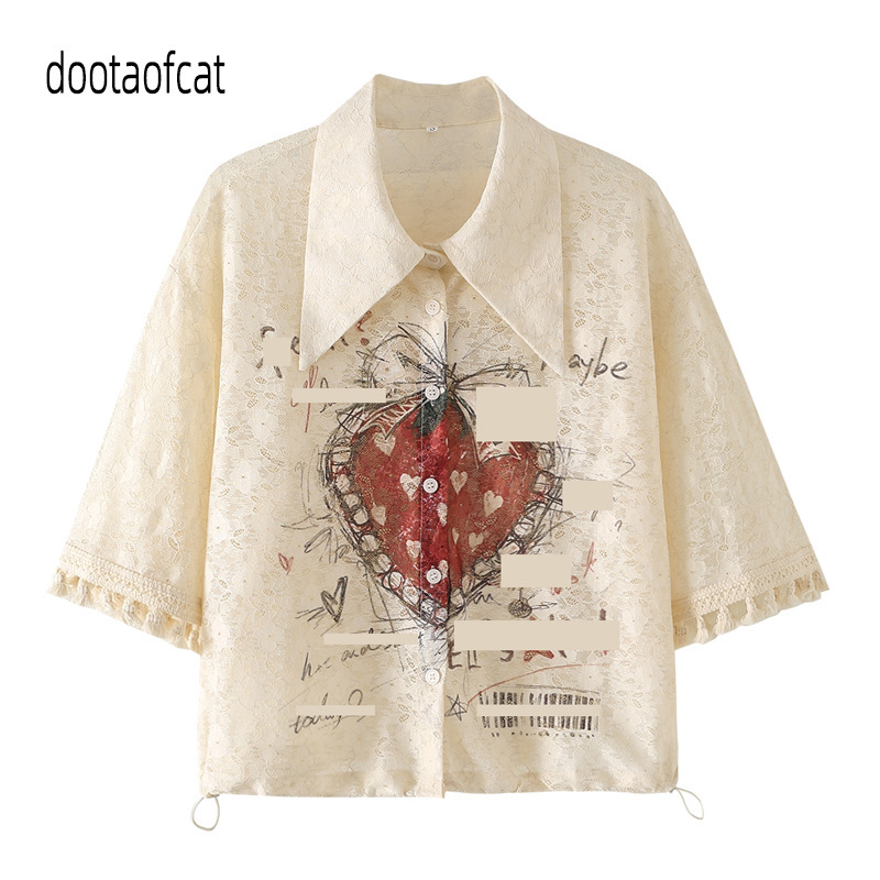 2026 New Summer Style Resort-Style Tassel Strawberry Print Cut Out Lace Short-Sleeved Shirt Top 26201020 2026 New Summer Style Resort-Style Tassel Strawberry Print Cut Out Lace Short-Sleeved Shirt Top 26201020