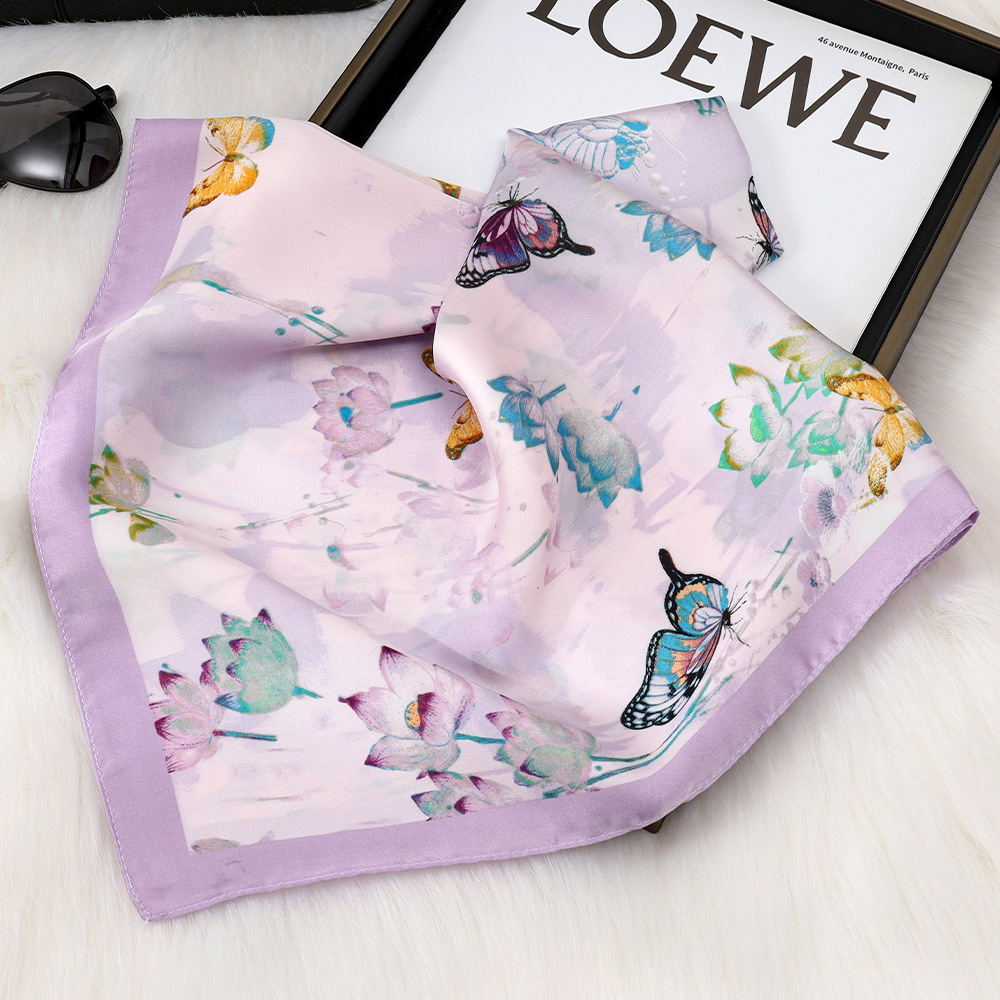 Elegante flor de loto color claro 70 bufanda de seda de satén bufanda de seda con estampado de mariposa bufanda cuadrada de color fresco de alta calidad