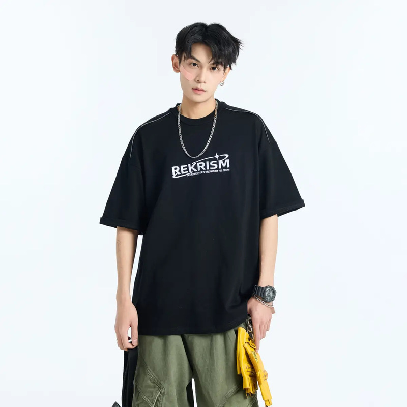 アルファベット刺繍半袖tシャツ男子夏の薄手の丸首五分袖上着の潮牌ゆるい半袖|undefined