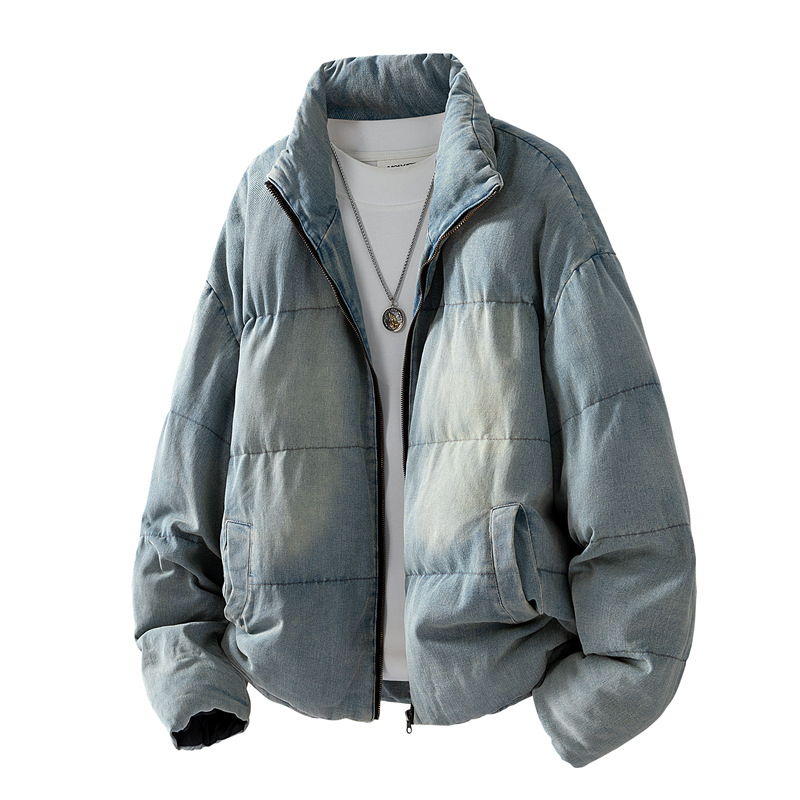 Denim Padded Clothes Men's Loose Stand-up Collar Padded Jacket Washed Padded Clothes Men's Jacket_viptrois.com