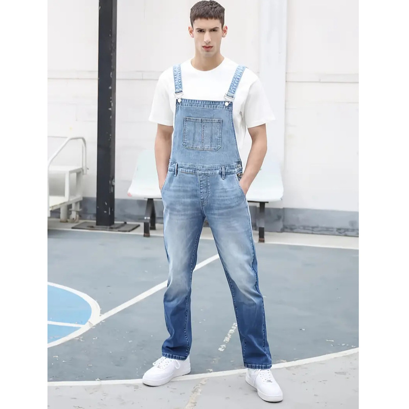 Four-Season Stretch Denim Overalls for Men, Loose Fit, Suitable for Daily Casual Wear, Denim Suspenders Pants for Men, Cross-Border