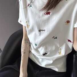 美式复古可爱趣味动物刺绣正肩白色短袖恤女夏季设计感小众上衣