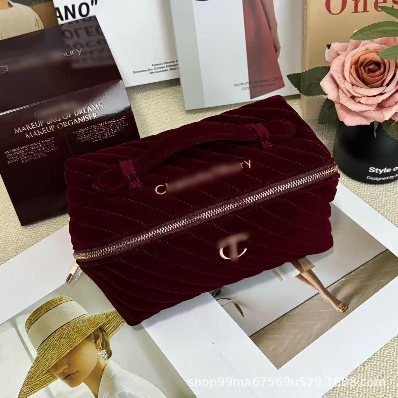 Bordo məxmər kosmetik çanta, çoxqatlı, böyük ölçü
