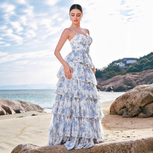 25亚马逊速卖通跨境新款法式复古花朵重工收腰吊带性感清新连衣裙