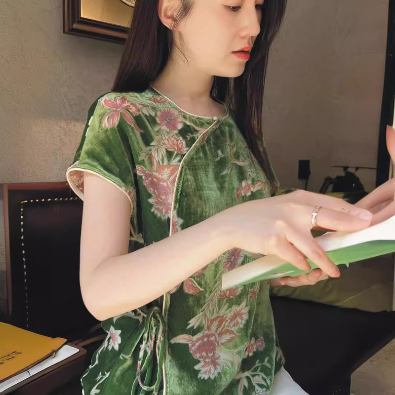 [Four Seasons Green] Xu Beiteng's New Chinese-Style Silk Velvet Burnt-Out Short-Sleeve Top, Mulberry Silk National Style Tie-Up Blouse