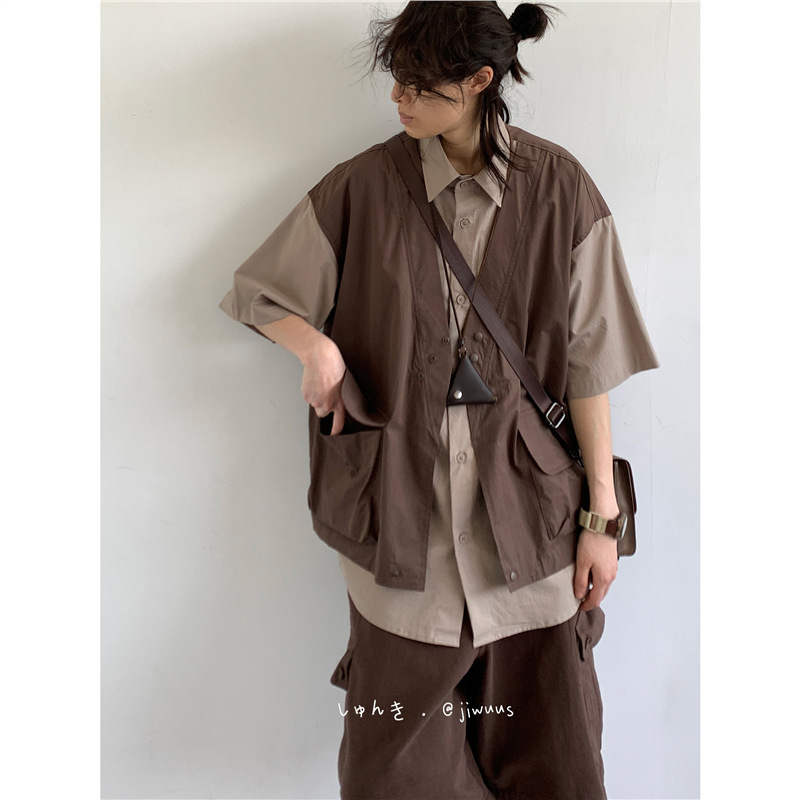 Summer Japanese Retro Unisex Fake Two-Piece Workwear Short-Sleeve Shirt Outdoor Sports Student Shirt Jacket