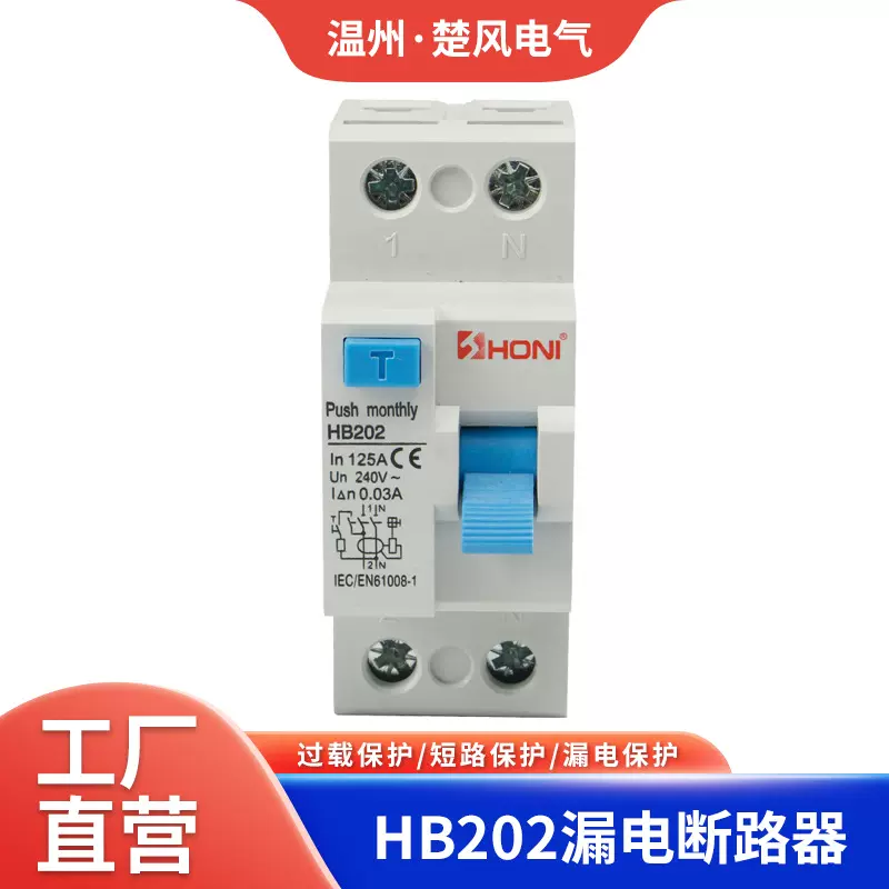 HONI厂家批发微型漏电断路器2P4P125A电磁式HB202RCCB保护防漏电