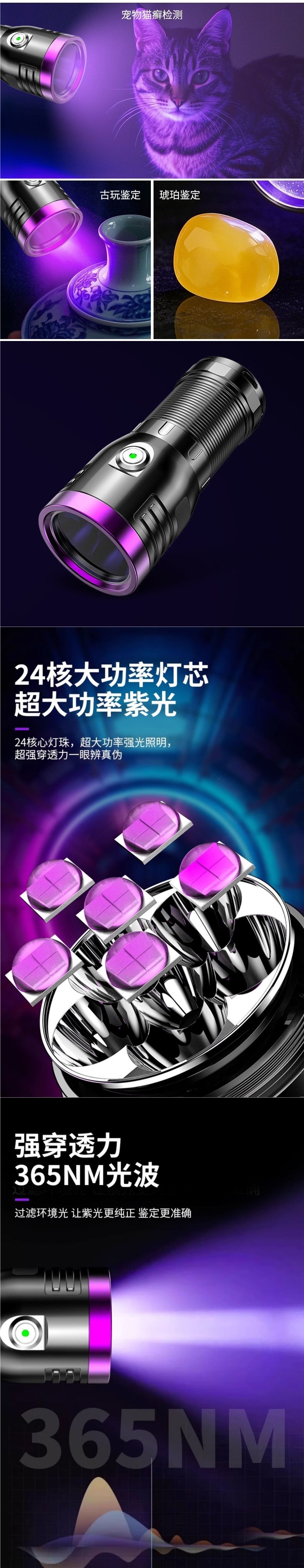 Powerful Purple Light 365Nm Ultra-High-Power Fluorescent Detection Ultraviolet Flashlight for Currency Verification and Anti-Counterfeiting Identification