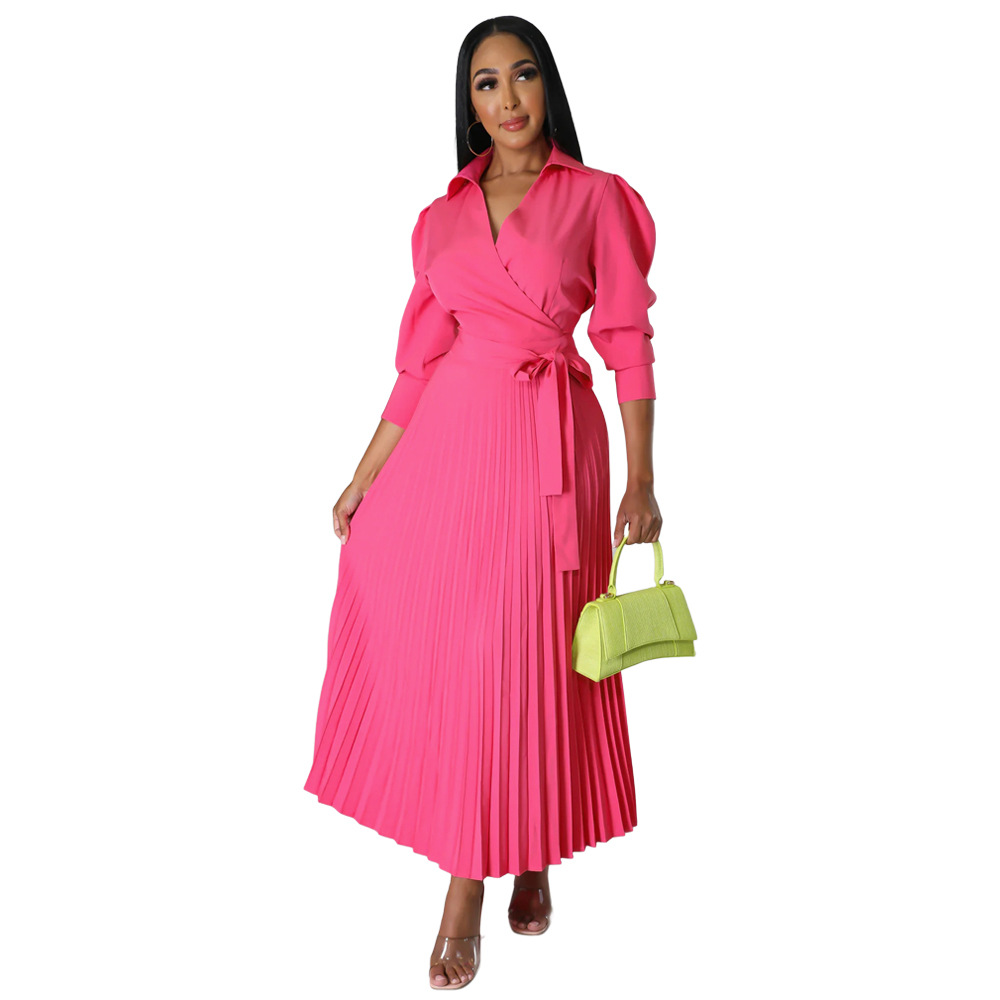 European And American Amazon Spring/Summer Long Sleeve Polo Neck High Waist Fashion Casual Pleated Women's Dress