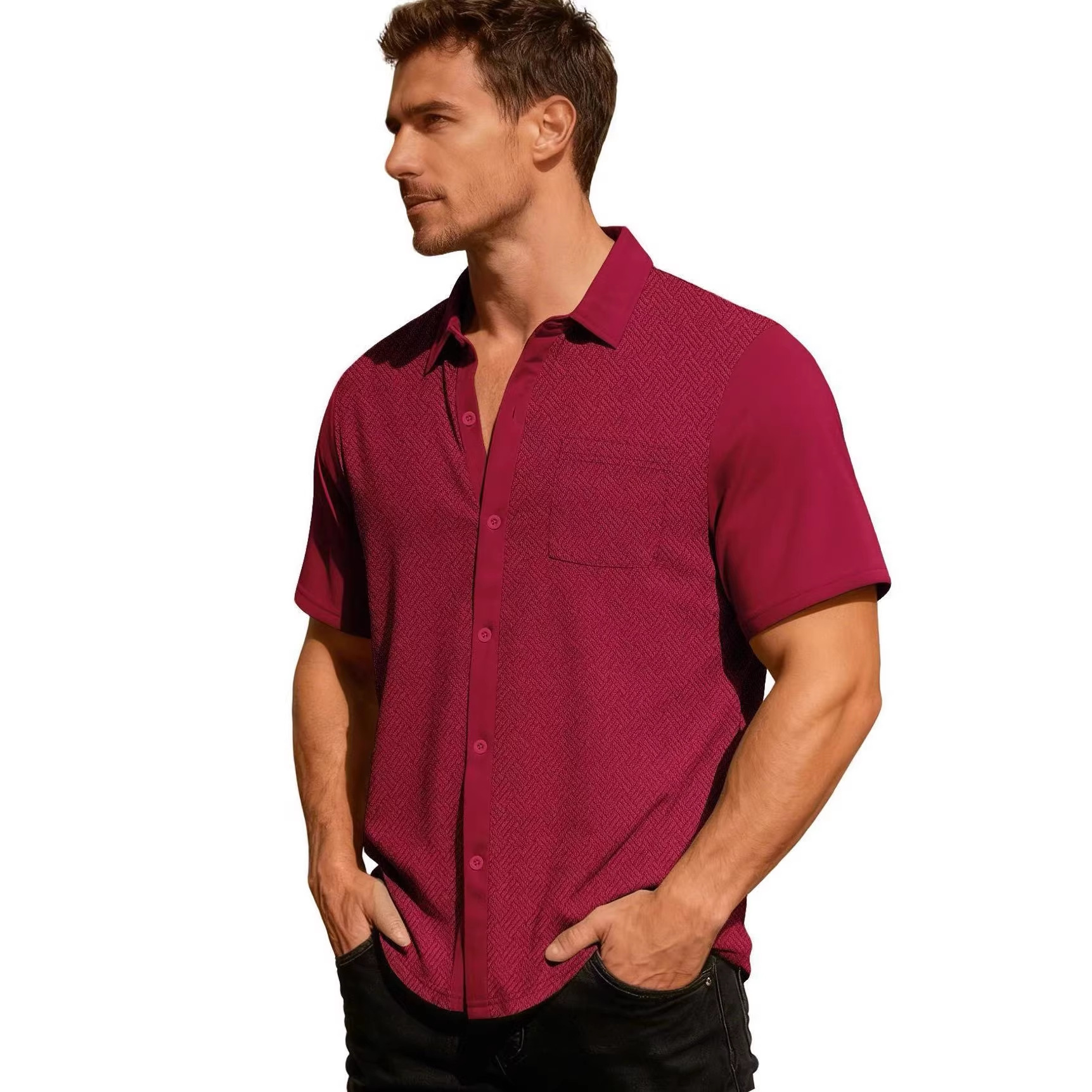 Herren-Sommerhemd mit kurzen Ärmeln, atmungsaktives Polyester, knitterarm, feuchtigkeitsableitend, bequeme Passform, lässiges Design, Knopfleiste_voghion.com