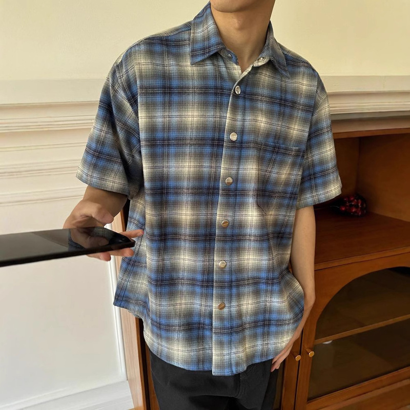 Flannel Blue Plaid Short-sleeved Shirt Men's Summer High-end Plaid Shirt American Style cleanfit Jacket Flannel Blue Plaid Short-sleeved Shirt Men's Summer High-end Plaid Shirt American Style cleanfit Jacket