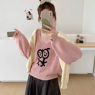 潮牌卡通火柴人提花长袖针织衫女早秋冬新款v领内搭打底毛衣上衣
