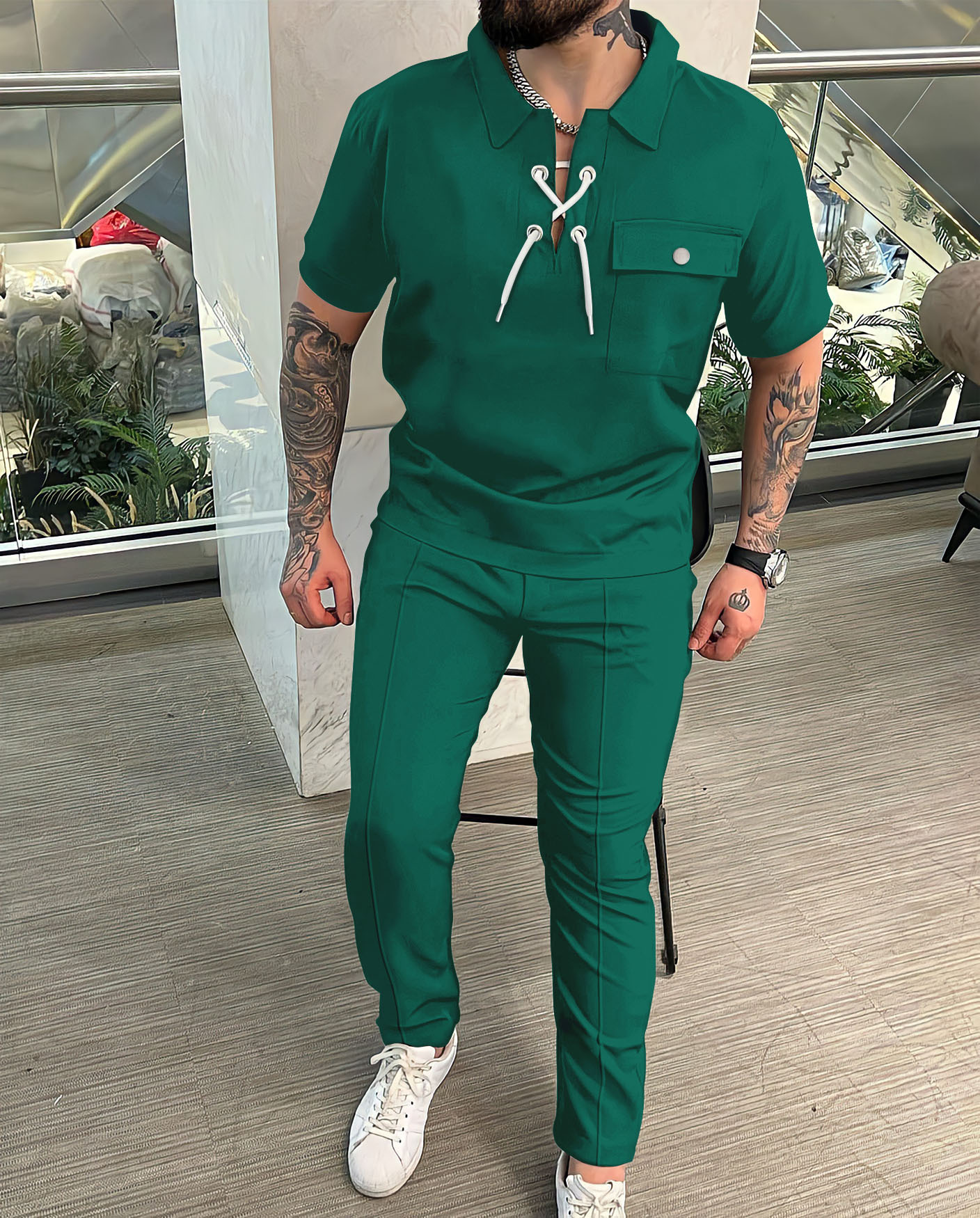 Otoño Amazon AliExpress europeo y americano transfronterizo hombres camisa casual manga corta Camiseta + Pantalones hip hop traje de personalidad