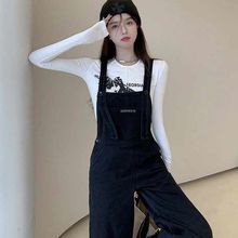 UNMUN黑色设计感复古港味牛仔背带裤女春秋宽松阔腿高腰连体工装