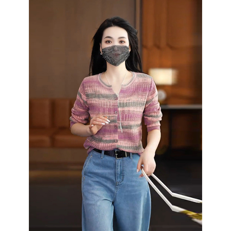 时尚彩虹条纹长袖针织开衫2025春季新款宽松显瘦百搭毛衣外套上衣|undefined