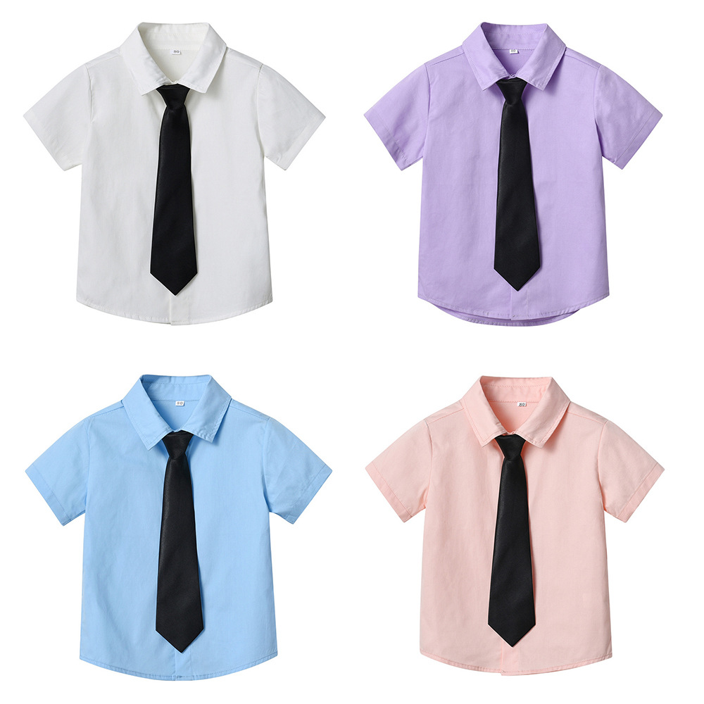 Cárdigan de solapa de manga corta de un solo pecho de verano para niños coreanos, corbata de estilo universitario para niños y niñas, camisa de color caramelo