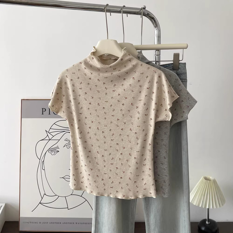 Korean-Style Floral Half-Turtleneck Base Shirt T-Shirt for Women, Autumn and Winter Slim-Fit Slimming Ruffled Short-Sleeve Top 6699 Korean-Style Floral Half-Turtleneck Base Shirt T-Shirt for Women, Autumn and Winter Slim-Fit Slimming Ruffled Short-Sleeve Top 6699