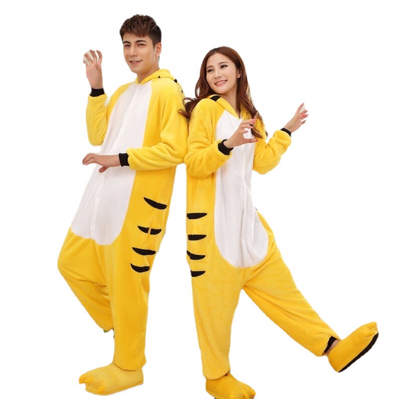 Autumn and Winter Cartoon Animal Siamese Pajamas Flannel Fox Bee Grey Wolf Winnie Bear Lion Men's and Women's Home Clothes