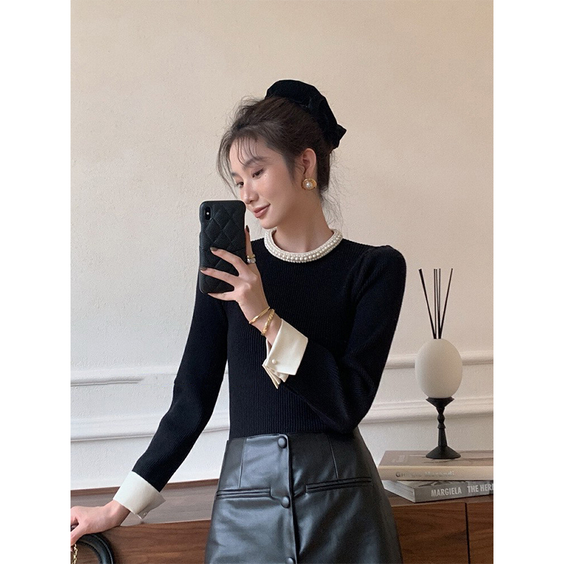 French Black Pearl Stand-Up Collar Slim Knitted Bottoming Shirt for Women with Small Fragrance Style Early Autumn Sweater