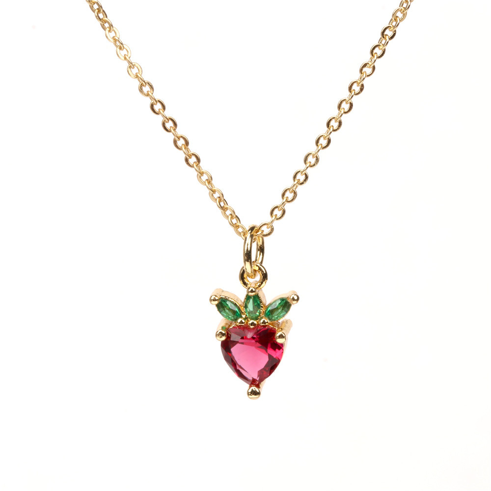 Cross-Border Wholesale Inlaid Zircon Strawberry Fruit Necklace Womenu0027s Autumn Design Pendant Gol