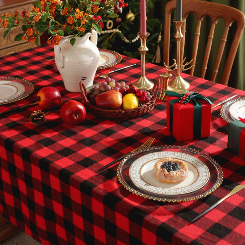 乐轩秀桌布批发 圣诞新款红黑格子长方形涤棉桌布酒店婚礼餐桌布