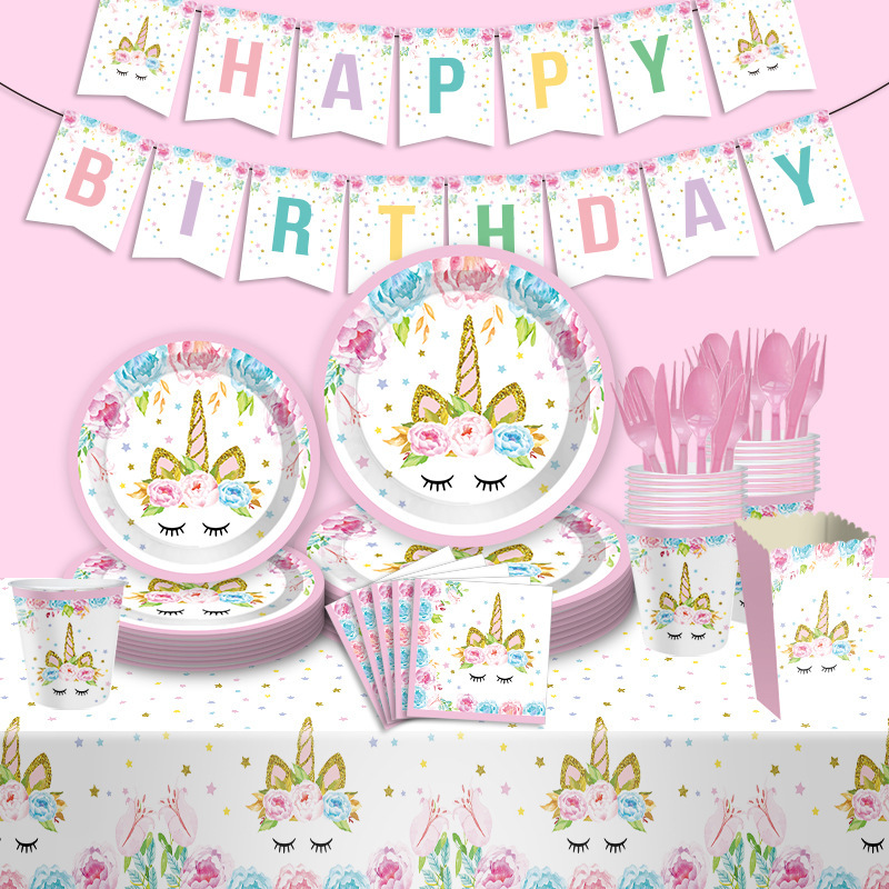 Pink Unicorn Birthday Party Tableware Set Disposable Paper Plates Paper Cups Paper Towels Party Venue Layout Props