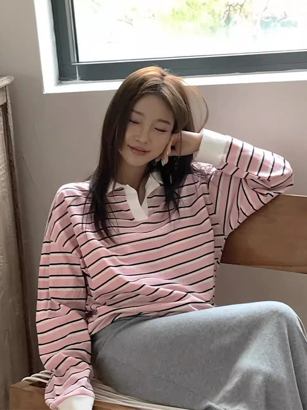 韩国chic秋季新款甜美减龄Polo领撞色宽松百搭休闲长袖条纹T恤女|undefined