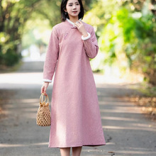 冬款加绒棉麻提花新中式纯色盘扣立领女式加长款过冬连衣裙
