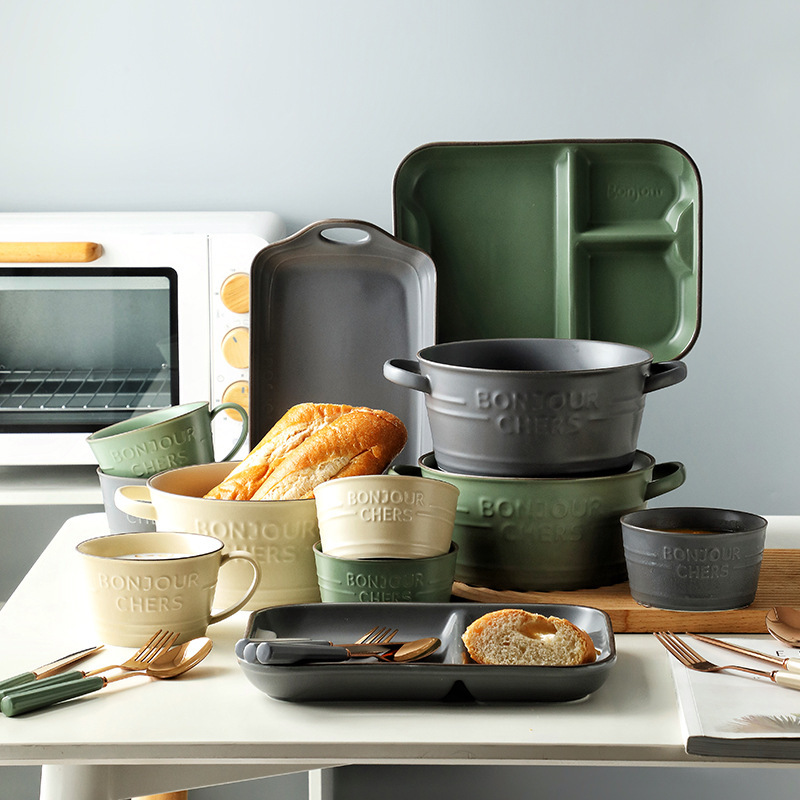 Scandinavian Ins Style Dish Set Household Retro Pure Color Bowl Plate Chopsticks Combination Ceramic Tableware Eating Bowl Soup Bowl