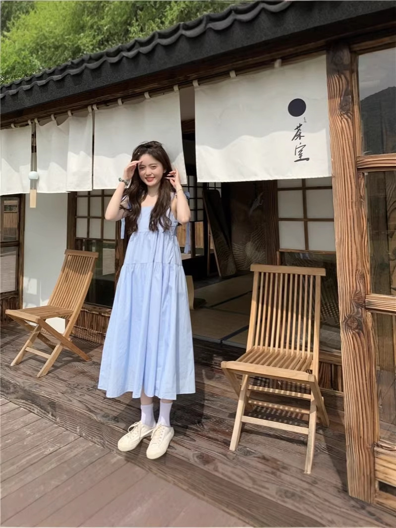 Blue top with cups, dress, cute doll, fresh long skirt, A-line