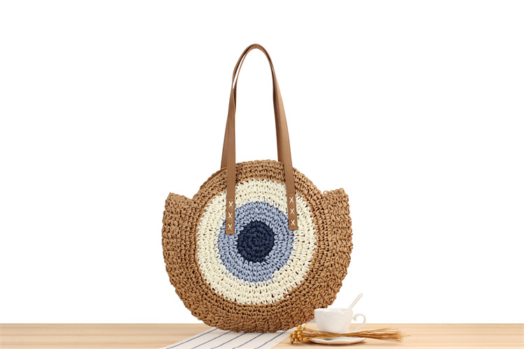 Women'S Gender Vacation Style Round Shape Large Size Women's Large Straw Stripe Vacation Round Zipper Straw Bag