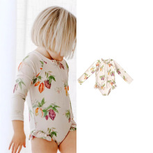 25年儿童可爱叶子舒适泳装女孩宝宝拉链防晒时尚连体泳衣清新