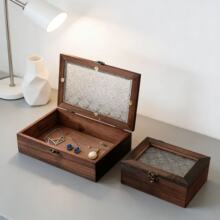 海棠花亚克力收纳盒复古木质收纳盒家居整理翻盖木盒化妆品首饰盒