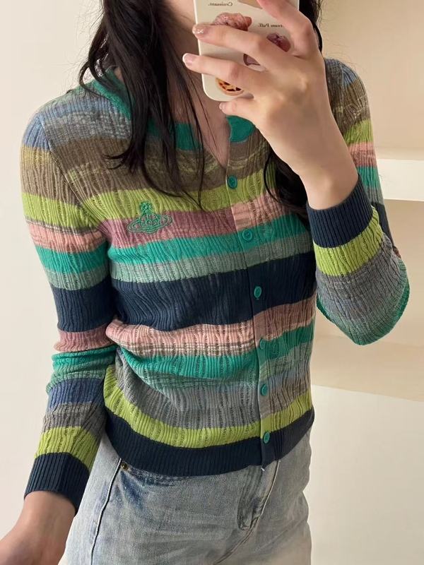 现货高品质土星彩虹条纹圆领女装针织衫开衫新款撞色长袖外套百搭|undefined