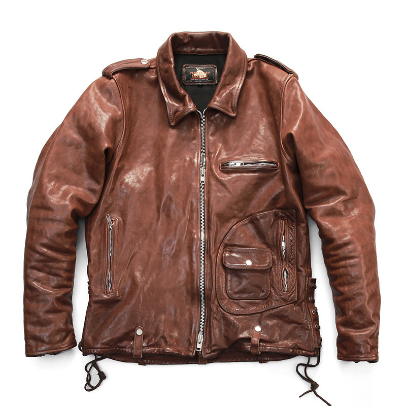 Vintage Motorcycle J22 Genuine Leather Men's Casual Lapel Heavy Washed Pleated Full Vegetable Tanned Cowhide Jacket