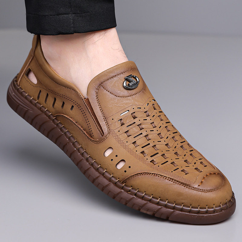 Dép sandal nam da dệt thoáng khí kiểu lười mũi vuông cỡ lớn — Màu kaki, Màu trắng, màu đen