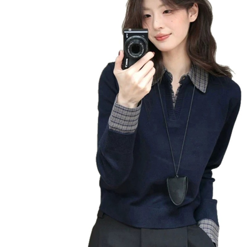 学院风藏蓝色领针织衫女春秋短款毛衣打底衫内搭翻领长袖上衣|undefined