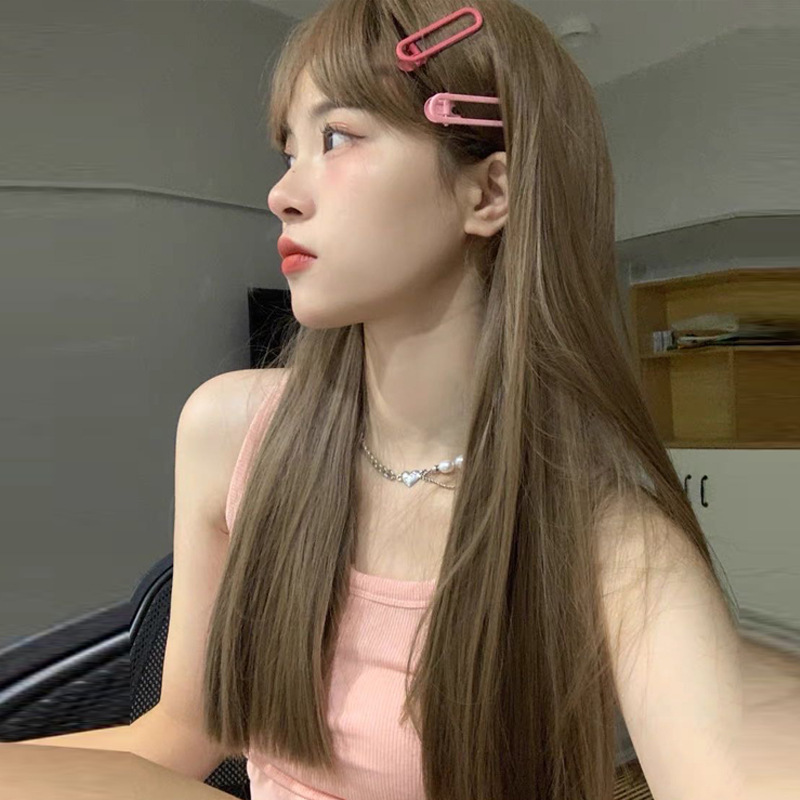 Wig Women's Long Hair Summer Black Long Straight Natural Imitation Human Hair Air Bangs Sweet Cyber Red Linen Full Head Cover