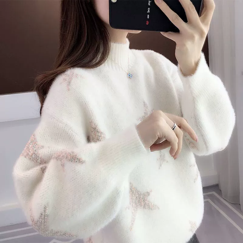 Осенний и зимний полувысокий воротник свитер женский 2023 новый толстый свободный бархатный ленивый женский топ