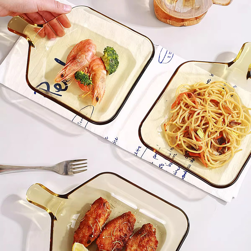 High Borosilicate Glass Baking Pan Microwave Dish Plate with Handle Salad Bowl Household Dishes Tableware suit