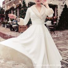欧美风跨境外贸2024冬季时尚长袖毛领性感低胸修身气质圣诞连衣裙