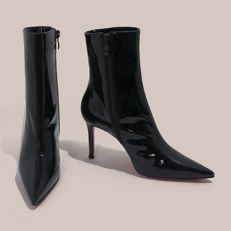 Black Patent Leather Short Boots for Women 2025 Autumn and Winter Red Sole Stiletto Pointed Toe Slim Boots Sexy Royal Sister High Heel Fashion Boots for Women