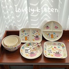 落書きQニャンかわいいアニメ家庭用陶磁器食器分格盤ご飯碗スープ碗円盤