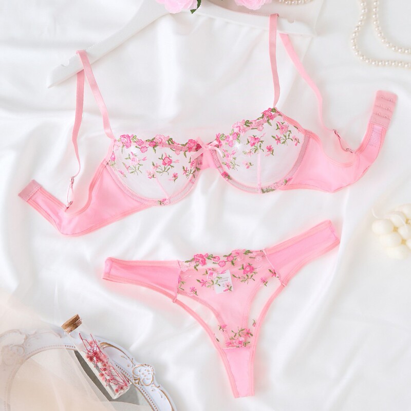 Y Cross-Border Sexy Underwear Sexy Bra Embroidered Floral Two-Piece Set See-Through Bra Set 23129