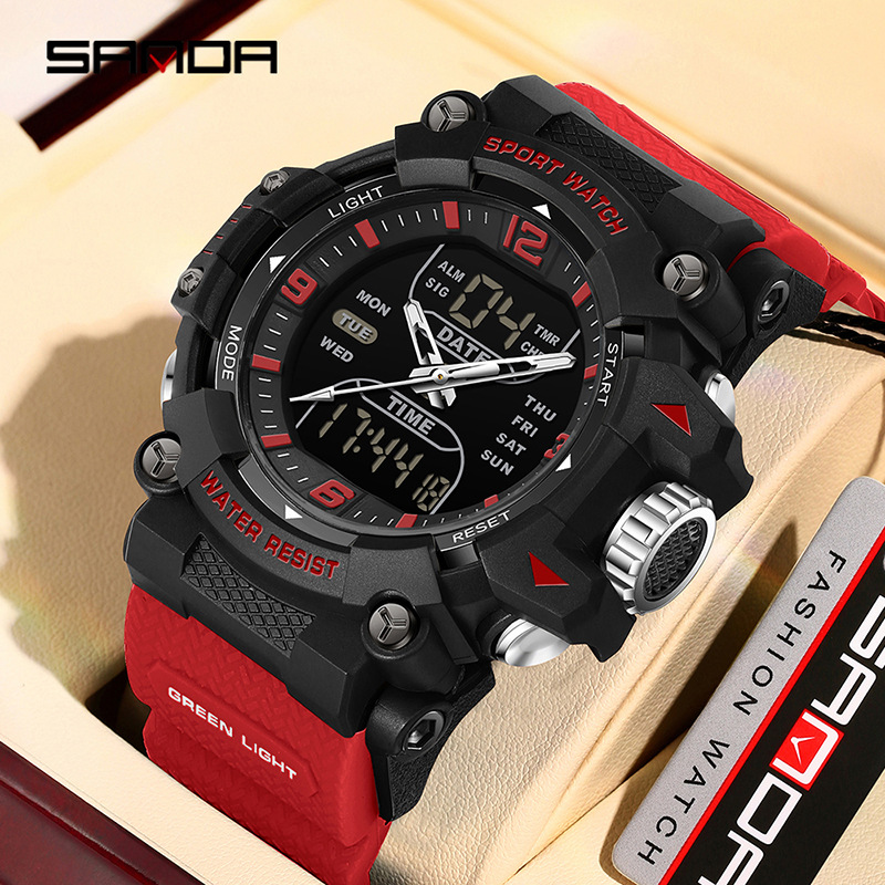 SANAD Sanda Dual Display Deportivo Estudiante Multifuncional Luz Nocturna Tres Destinados Reloj de pulsera Reloj electrónico de segmento impermeable