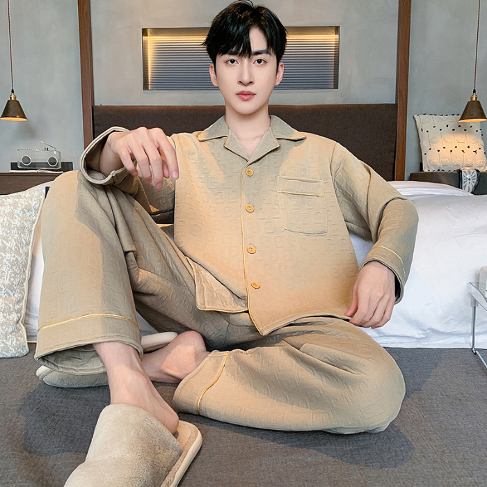 Pijama de algodón de aire para hombres primavera y otoño invierno intercalado de manga larga de algodón para jóvenes engrosados Cardigan conjunto de ropa para el hogar
