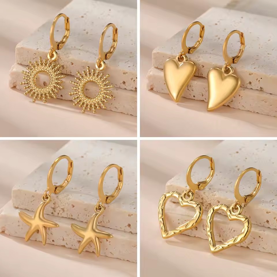 304 Stainless Steel Women's Earrings Heart Starfish Sun Pendant Hoop Earrings Fashion Jewelry Gift Wholesale