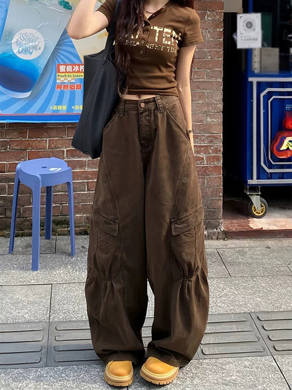 美式复古咖色弯刀工装牛仔裤女秋季高腰宽松休闲直筒百搭阔腿长裤|undefined